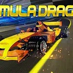 Egy piros-sárga formaautó száguld egy versenypályán, LED fényekkel a FORMULA DRAG felirat alatt