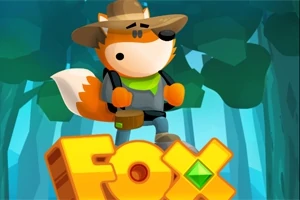 Rajzolt róka kalapban és hátizsákkal áll egy erdőben a Fox felirat felett