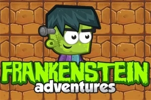 Rajzfilmszerű zöld szörny figura sötét hajjal, téglafal háttérrel és Frankenstein adventures felirattal