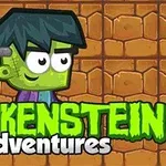 Rajzfilmszerű zöld szörny figura sötét hajjal, téglafal háttérrel és Frankenstein adventures felirattal