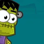Zöld színű, rajzfilmszerű Frankenstein-szerű figura lila pólóban és barna kabátban kék háttér előtt
