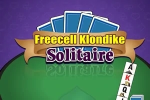 Kék hátlapú kártyák és Freecell Klondike Solitaire felirat lógnak egy zöld asztalon, háttérben lila színnel