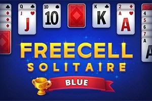 Kártyalapok sora egy kék háttér előtt, középen a „FREECELL SOLITAIRE BLUE” felirattal
