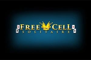A Free Cell Solitaire felirat sárga betűkkel egy fekete háttér előtt, kártyalapokkal a szöveg körül