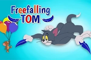 Tom zuhan lefelé, miközben Jerry léggömbökbe kapaszkodik egy kék háttér előtt, ahol a Freefalling Tom felirat és kék tollak láthatók