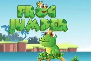 Egy mosolygó, koronás béka ül egy fatörzsön, háttérben színes tájjal és a FROG JUMPER felirattal