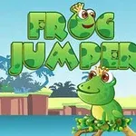 Egy mosolygó, koronás béka ül egy fatörzsön, háttérben színes tájjal és a FROG JUMPER felirattal