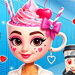 Egy rajzfilmszerű lány fagyis csészeformás fejdísszel, szív alakú díszítésekkel, mellette két mosolygó figura szív alakú szemekkel, világoskék háttérben