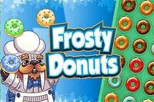 Egy szakács sapkás figura négy színes fánkkal, mellette a Frosty Donuts felirat és egy fánkokkal teli játéktábla
