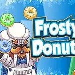 Egy szakács sapkás figura négy színes fánkkal, mellette a Frosty Donuts felirat és egy fánkokkal teli játéktábla