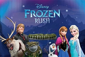 Rajzfilmfigurák, köztük egy rénszarvas, troll, hóember és két hercegnő egy havas háttér előtt