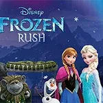 Rajzfilmfigurák, köztük egy rénszarvas, troll, hóember és két hercegnő egy havas háttér előtt