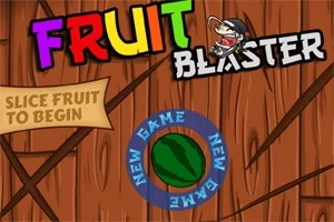 Színes Fruit Blaster felirat egy fa háttéren, középen egy görögdinnye szeletelésére utaló szöveggel