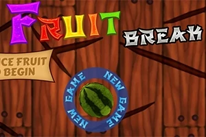 Színes betűkkel megjelenített Fruit Break felirat egy fa mintázatú háttér előtt, középen egy kör alakú vízlés melon szelettel, amely körül a New Game felirat ismétlődik