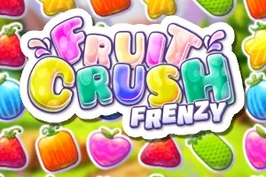 Színes Fruit Crush Frenzy felirat különböző gyümölcsök képeivel körülvéve