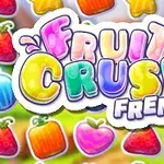 Színes Fruit Crush Frenzy felirat különböző gyümölcsök képeivel körülvéve