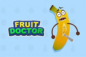 Egy átszúrt, rémült arcot vágó banán látható kék háttér előtt, mellette a FRUIT DOCTOR felirat