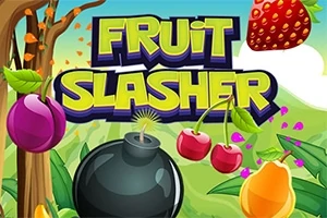 Egy színes illusztráció, amely gyümölcsöket és egy bombát ábrázol, háttérben Fruit Slasher felirattal