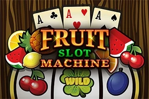 Gyümölcsök és kártyalapok kombinációja egy színes nyerőgép témában, középen Fruit Slot Machine felirattal