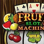 Gyümölcsök és kártyalapok kombinációja egy színes nyerőgép témában, középen Fruit Slot Machine felirattal