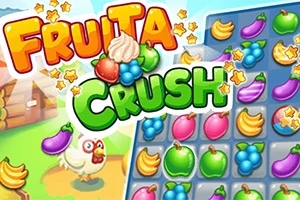 Színes gyümölcsök, mint például szőlő, alma és banán, egy játéktáblán, háttérben egy csirke és épület, valamint a Fruita Crush cím