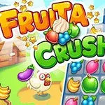 Színes gyümölcsök, mint például szőlő, alma és banán, egy játéktáblán, háttérben egy csirke és épület, valamint a Fruita Crush cím