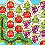 Hexagonális rácson elhelyezkedő, szemekkel ellátott gyümölcsök, köztük almák, körték, szőlők, összekötő vonallal