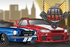 Két sportautó, egy kék-fehér klasszikus és egy piros modern, versenyez a város háttér előtt, Fuel Rage felirattal