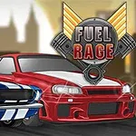 Két sportautó, egy kék-fehér klasszikus és egy piros modern, versenyez a város háttér előtt, Fuel Rage felirattal