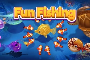 Sárga halak körül klowfish úsznak a víz alatt, színes tengeri élőlényekkel és Fun Fishing felirattal