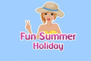 Nő kalapban és sárga fürdőruhában, két ujját V alakban tartva, felette a Fun Summer Holiday felirat
