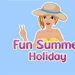 Nő kalapban és sárga fürdőruhában, két ujját V alakban tartva, felette a Fun Summer Holiday felirat