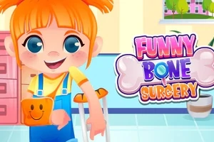 Rajzfilmszerű, narancssárga hajú kislány mankóval és kötéssel a kezén mosolyog egy szobában, mellette Funny Bone Surgery felirat