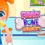 Rajzfilmszerű, narancssárga hajú kislány mankóval és kötéssel a kezén mosolyog egy szobában, mellette Funny Bone Surgery felirat