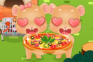 Két cuki rajzfilmfigura szívecskékkel a szemük helyén egy díszes pizzát tartanak egy füves kertben, háttérben kemencével és grillsütővel