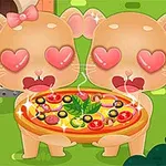 Két cuki rajzfilmfigura szívecskékkel a szemük helyén egy díszes pizzát tartanak egy füves kertben, háttérben kemencével és grillsütővel