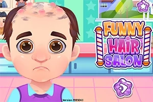 Rajzfilmfigura szomorú arckifejezéssel, ritka hajjal egy szalonban, mellette egy Funny Hair Salon felirat