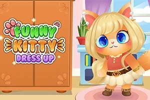 Egy aranyos, nagy szemű rajzolt cica szőke parókát és divatos ruhát visel szobabelsőben, mellette Funny Kitty Dress Up felirat olvasható