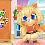 Egy aranyos, nagy szemű rajzolt cica szőke parókát és divatos ruhát visel szobabelsőben, mellette Funny Kitty Dress Up felirat olvasható