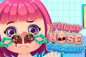 Rajzfilm stílusú ábra egy lila hajú lányról, akinek orrát orvosi műszer tartja nyitva, a háttérben Funny Nose Surgery felirattal