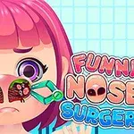 Rajzfilm stílusú ábra egy lila hajú lányról, akinek orrát orvosi műszer tartja nyitva, a háttérben Funny Nose Surgery felirattal