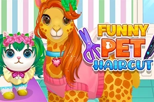 Egy színes, csíkos háttér előtt álló ruhás zsiráf és egy cicafélének látszó figura virágos fejdísszel, mellette a Funny Pet Haircut felirat