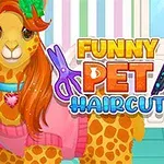 Egy színes, csíkos háttér előtt álló ruhás zsiráf és egy cicafélének látszó figura virágos fejdísszel, mellette a Funny Pet Haircut felirat