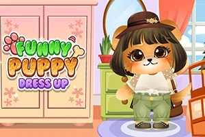 Cuki öltöztetett kutyakölyök áll egy szoba közepén, hátterében egy szekrény és egy ablak, valamint a FUNNY PUPPY DRESS UP felirat látható