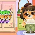 Cuki öltöztetett kutyakölyök áll egy szoba közepén, hátterében egy szekrény és egy ablak, valamint a FUNNY PUPPY DRESS UP felirat látható