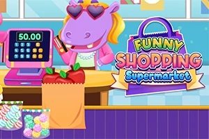 Rajzfilm stílusú víziló szív alakú napszemüvegben kasszánál egy szupermarketben, mellette a Funny Shopping Supermarket felirat