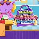 Rajzfilm stílusú víziló szív alakú napszemüvegben kasszánál egy szupermarketben, mellette a Funny Shopping Supermarket felirat