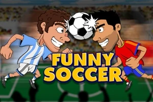 Két rajzfilmszerű focista fejel egy labdát egy stadion hátterében, „Funny Soccer” szöveggel az előtérben