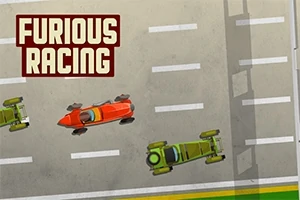 Fentről nézve autóverseny, három versenyautó az úton Furious Racing felirattal