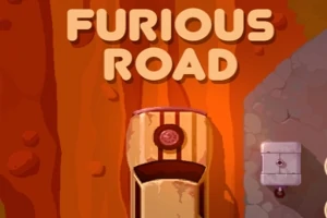 Egy sivatagi úton haladó autó, fölötte a FURIOUS ROAD felirattal
